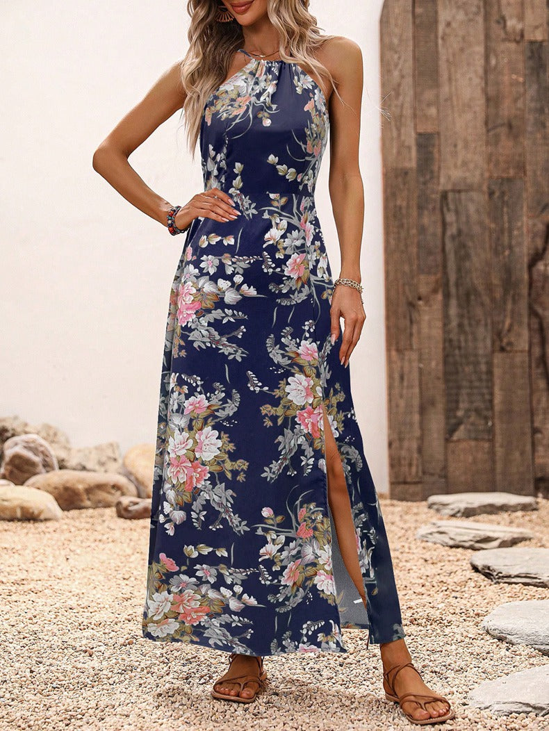 Women Clothing Japanese Summer High Waist Print Dress Vacation Split Halter Maxi Dress
