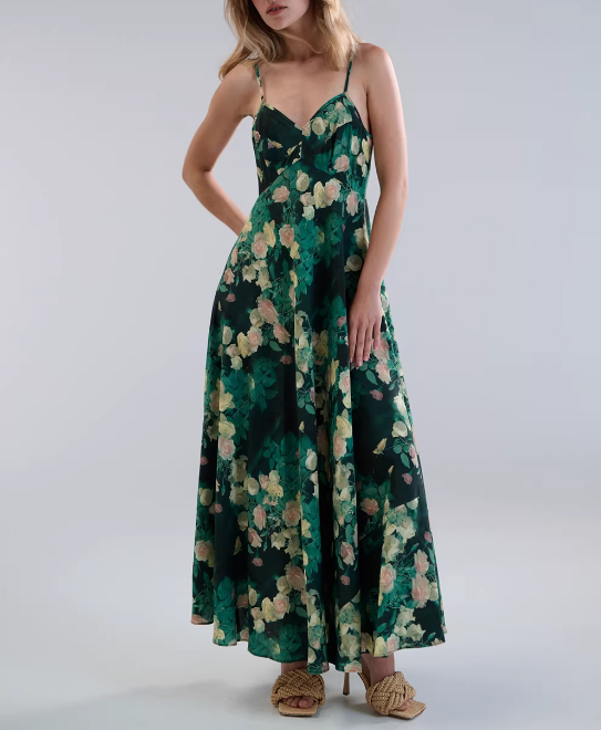 Vestido largo elegante con cuello en V y tirantes para mujer, estampado de rosas en verde negruzco francés