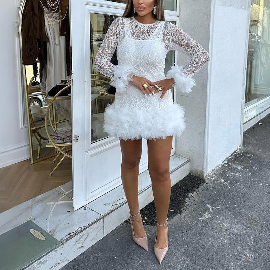 Robe deux pièces en dentelle à col rond pour femme, idéale pour le printemps