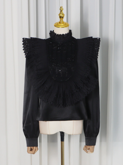 Blusa de diseño dulce para mujer, de invierno, plisada, ahuecada, con recortes de lentejuelas, camisa de manga larga de alta calidad