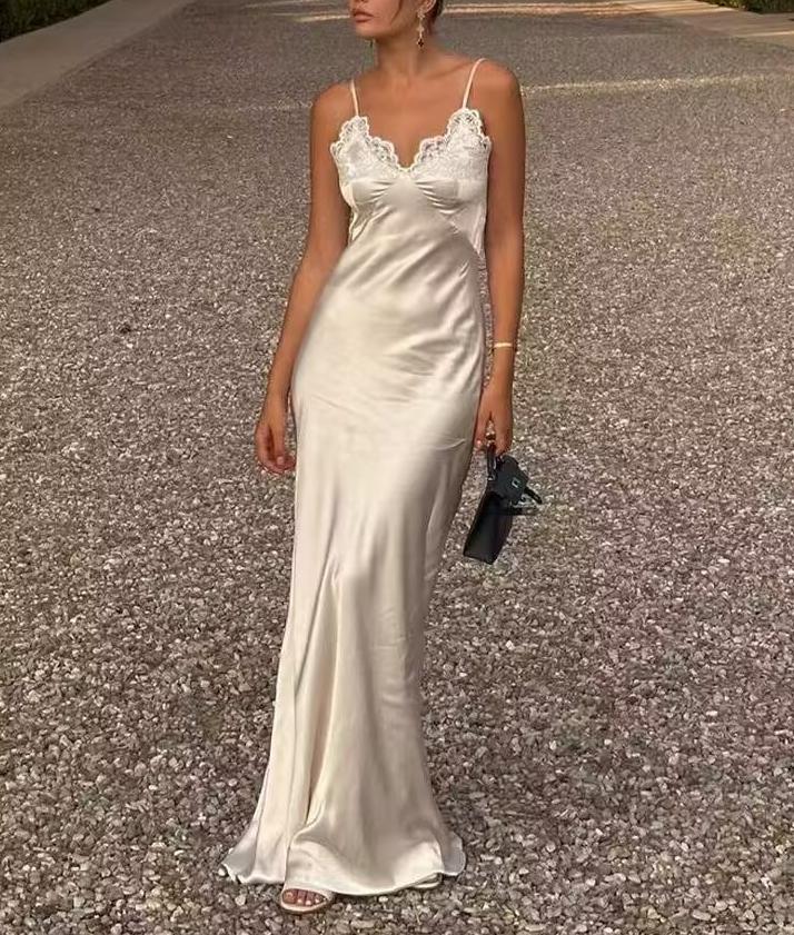Vestido de satén con costuras de encaje sexy para mujer de primavera