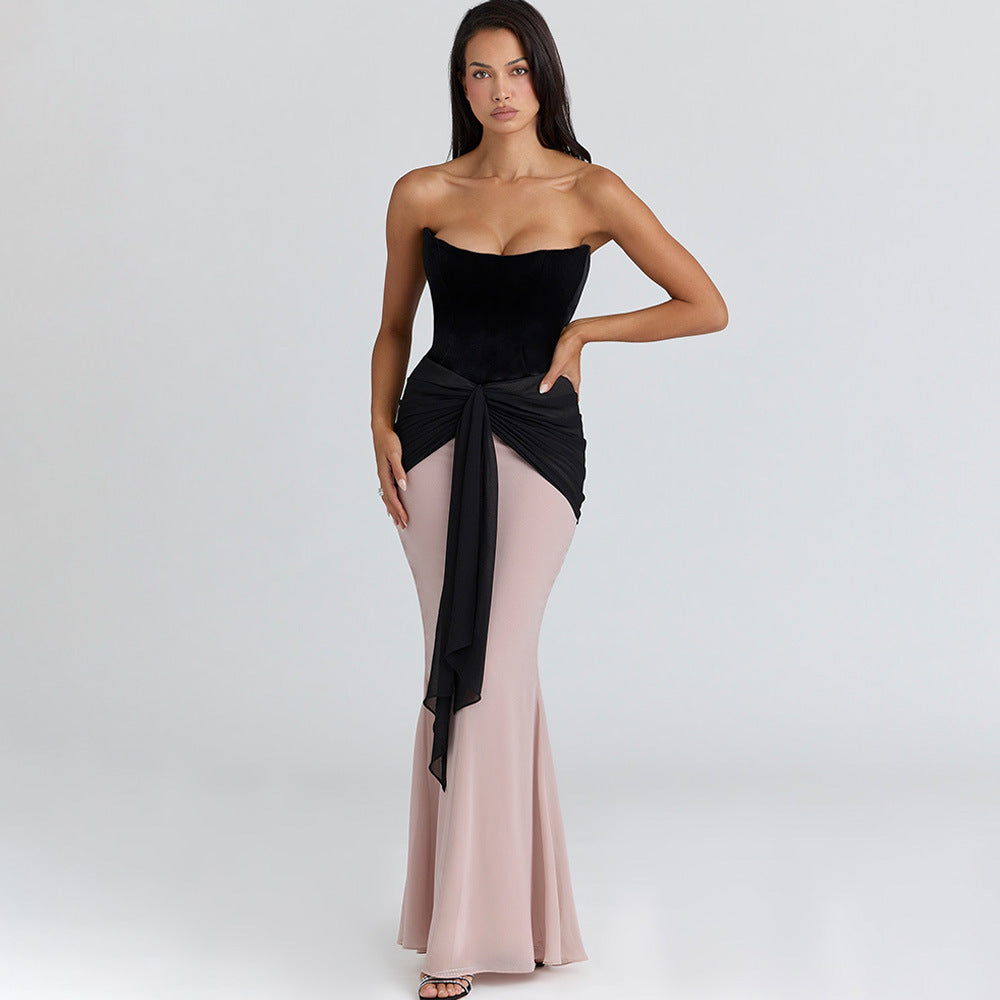 Vestido ajustado de cintura alta con lazo plisado, sexy, con cintura cruzada en el pecho y patchwork en contraste de color.