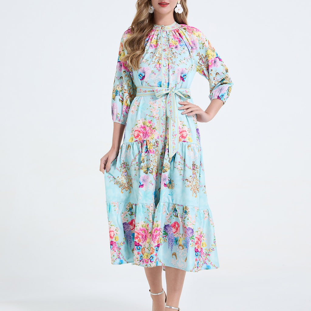 Robe imprimée pour femme à col montant et taille cintrée par cordon de serrage