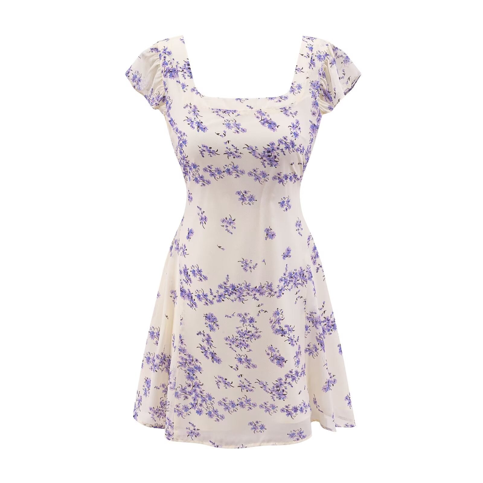 Vestido de primavera con cuello cuadrado, manga corta, encaje y cintura controlada, con estampado floral y fondo blanco fresco.