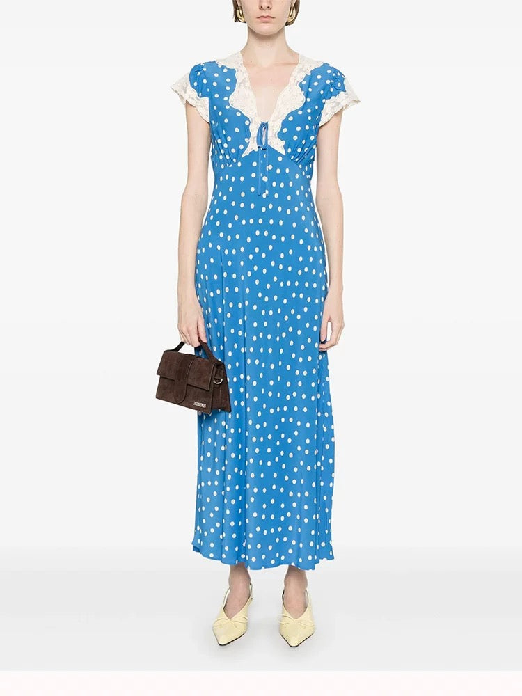 Robe d'automne élégante pour femme, col en V, pois et dentelle.