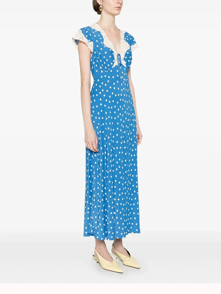 Robe d'automne élégante pour femme, col en V, pois et dentelle.
