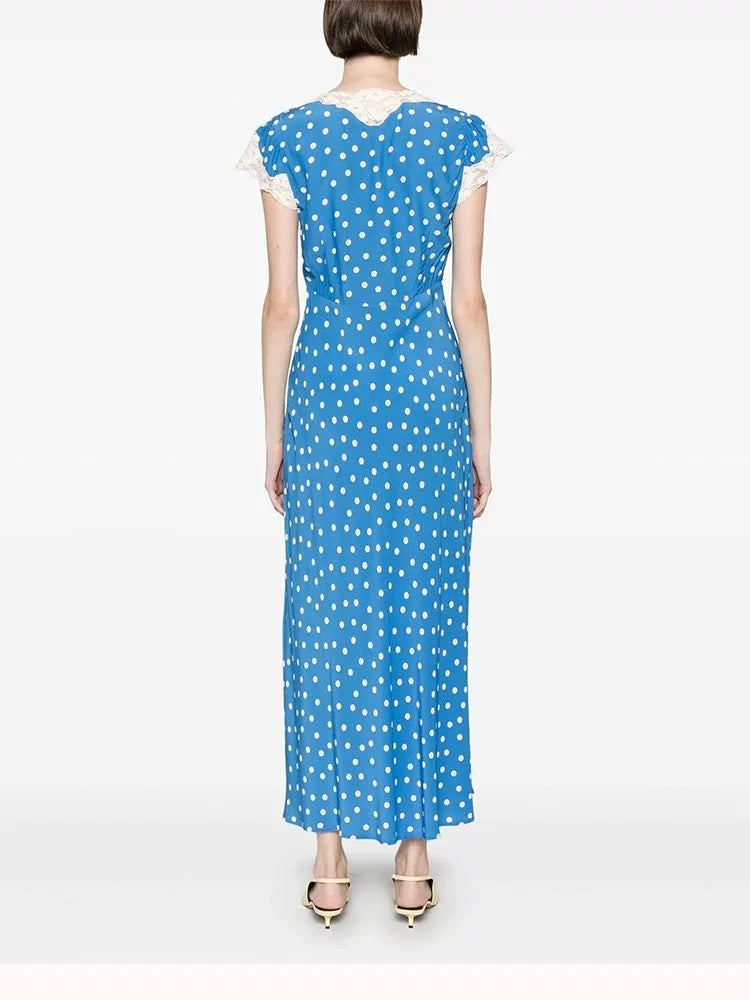 Robe d'automne élégante pour femme, col en V, pois et dentelle.