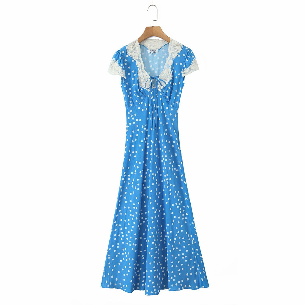 Robe d'automne élégante pour femme, col en V, pois et dentelle.