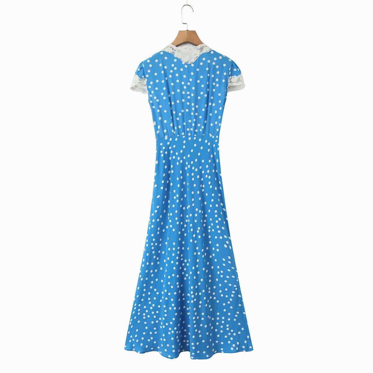 Robe d'automne élégante pour femme, col en V, pois et dentelle.