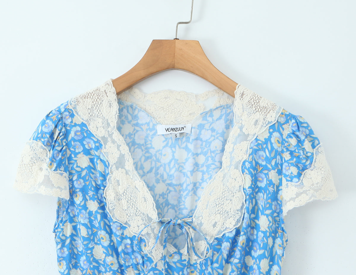 Robe élégante pour femme, style rétro français, avec dentelle et coutures tendance.