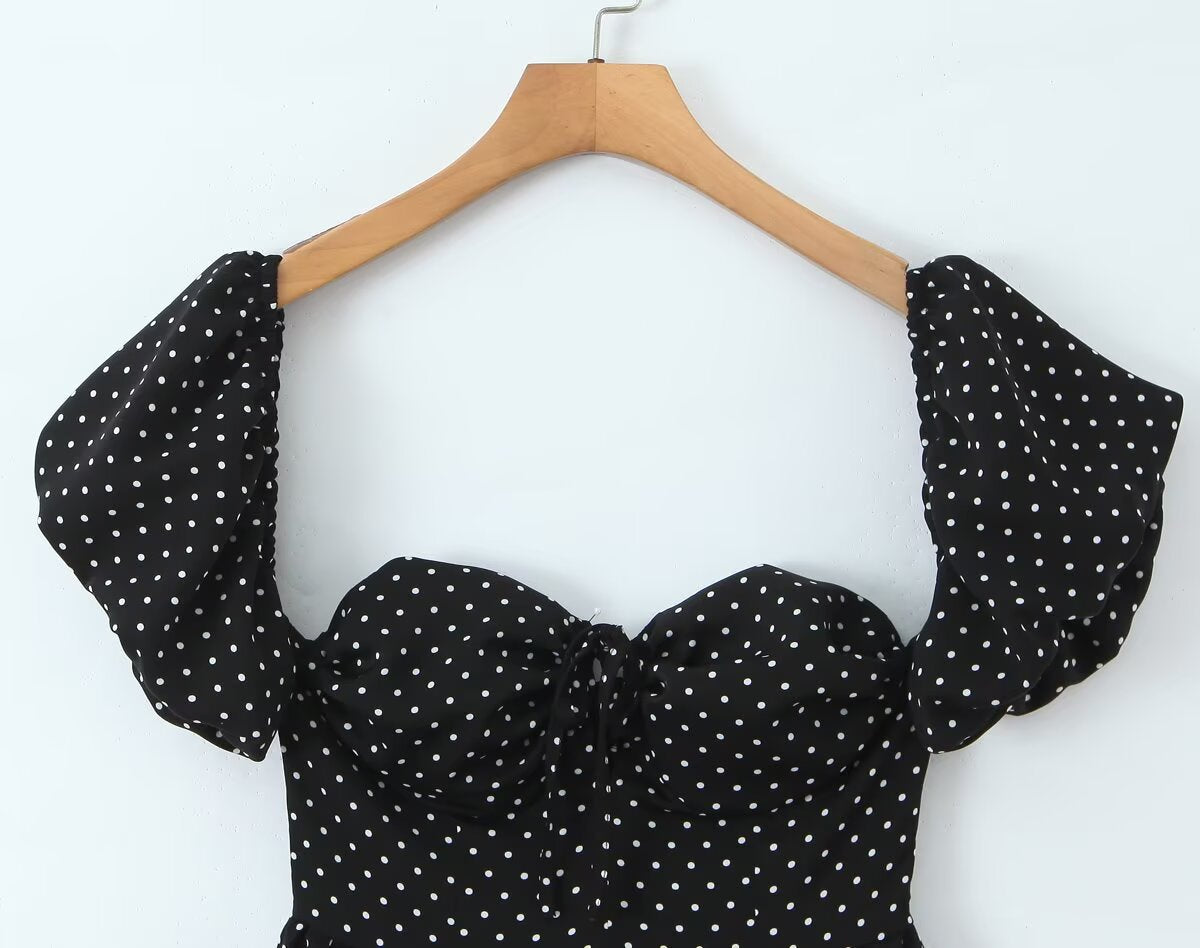 Robe à pois à manches papillon françaises pour femme, style rétro sexy, bustier épaules dénudées, taille lacée, jupe trapèze