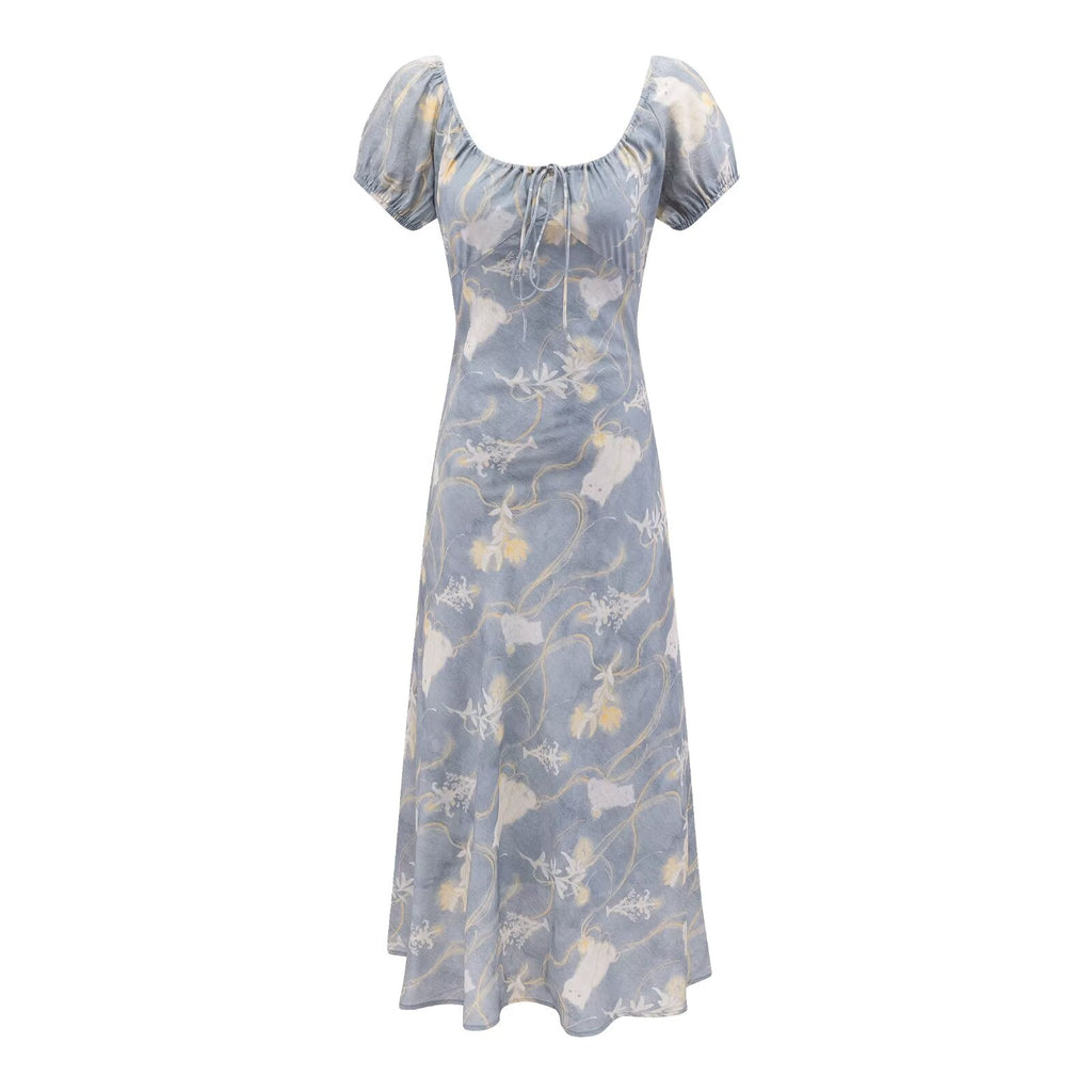 Robe décontractée de printemps à col carré, manches bouffantes, imprimée et taille cintrée