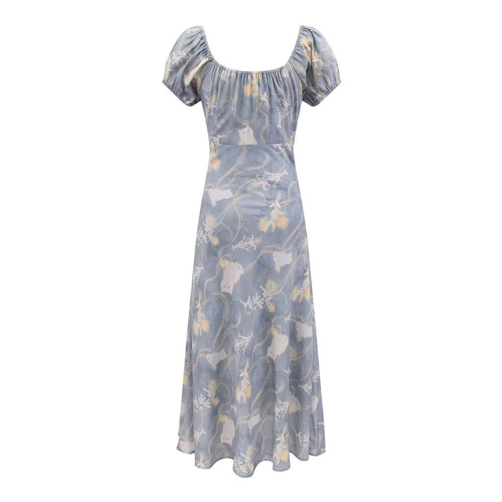 Robe décontractée de printemps à col carré, manches bouffantes, imprimée et taille cintrée