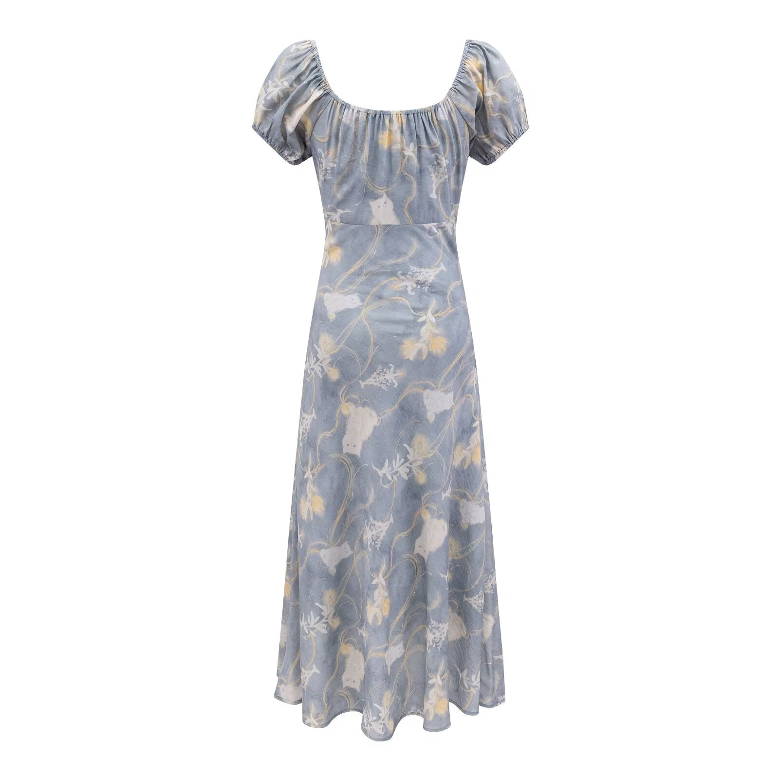 Robe décontractée de printemps à col carré, manches bouffantes, imprimée et taille cintrée