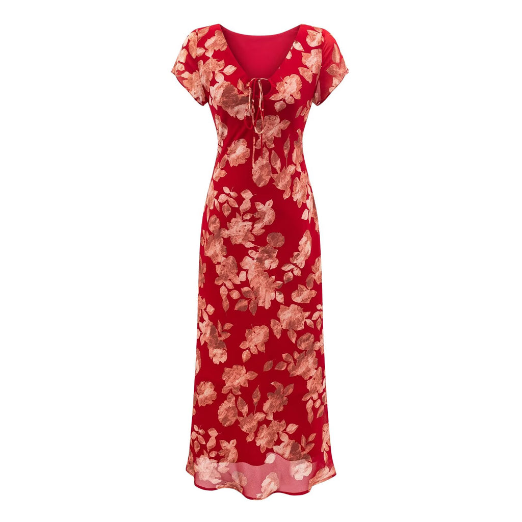 Vestido informal de fiesta de primavera temprana con cuello en V, manga corta y estampado de fondo rojo con cordón ajustable