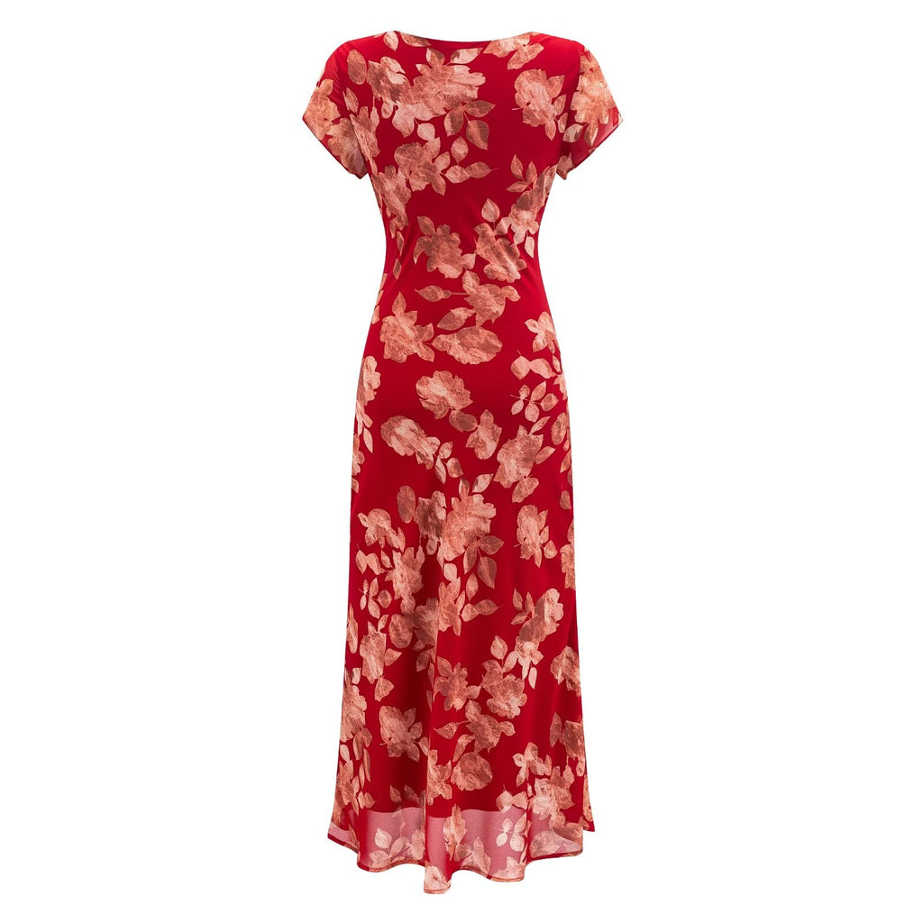 Vestido informal de fiesta de primavera temprana con cuello en V, manga corta y estampado de fondo rojo con cordón ajustable