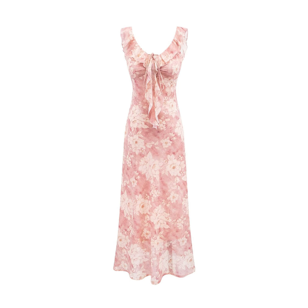 Robe nuisette vintage à volants et cordon de serrage, patchwork, rose poudré, coupe sirène, robe midi