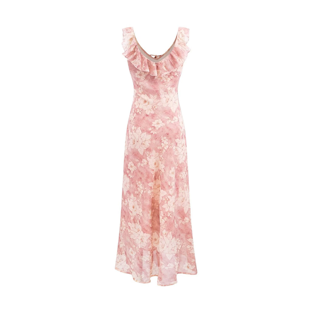 Robe nuisette vintage à volants et cordon de serrage, patchwork, rose poudré, coupe sirène, robe midi
