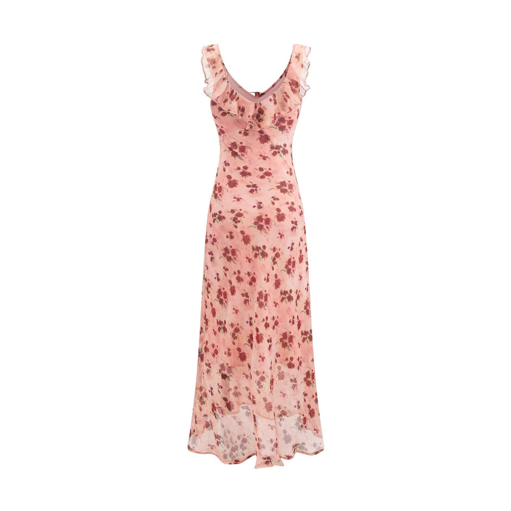 Robe nuisette vintage à volants et cordon de serrage, patchwork, rose poudré, coupe sirène, robe midi