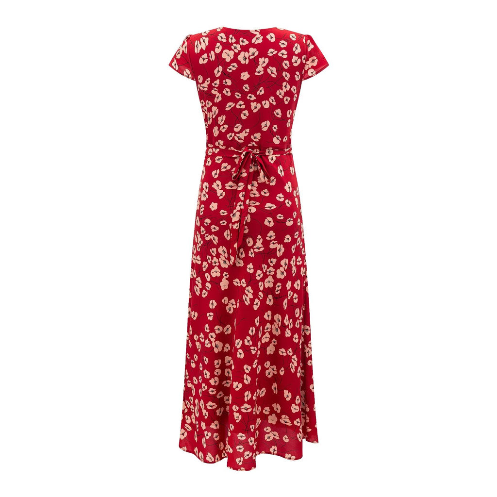 Vestido rojo de verano de manga corta con escote en V y cintura controlada con cordones, elegante y ajustado con estampado floral.