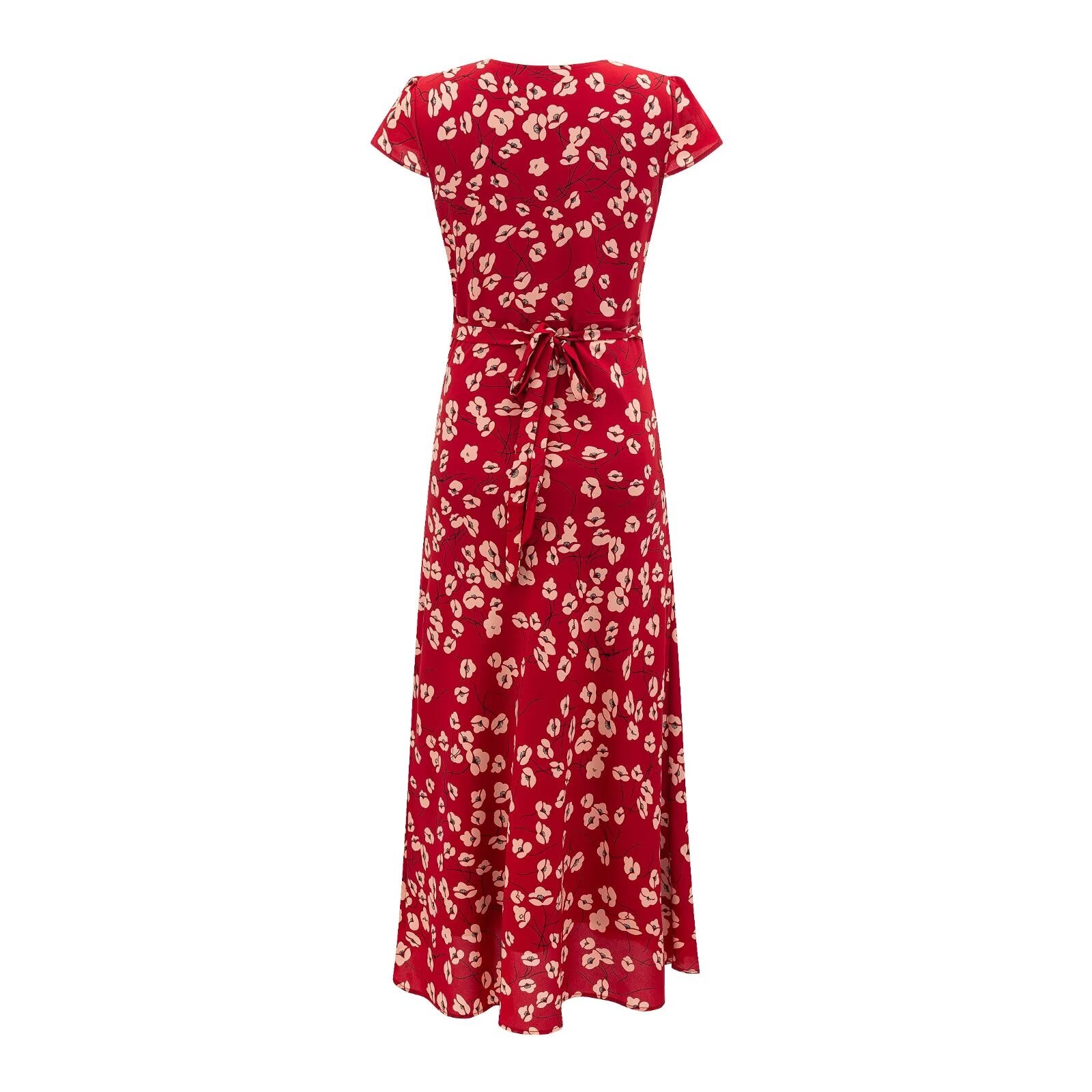 Vestido rojo de verano de manga corta con escote en V y cintura controlada con cordones, elegante y ajustado con estampado floral.