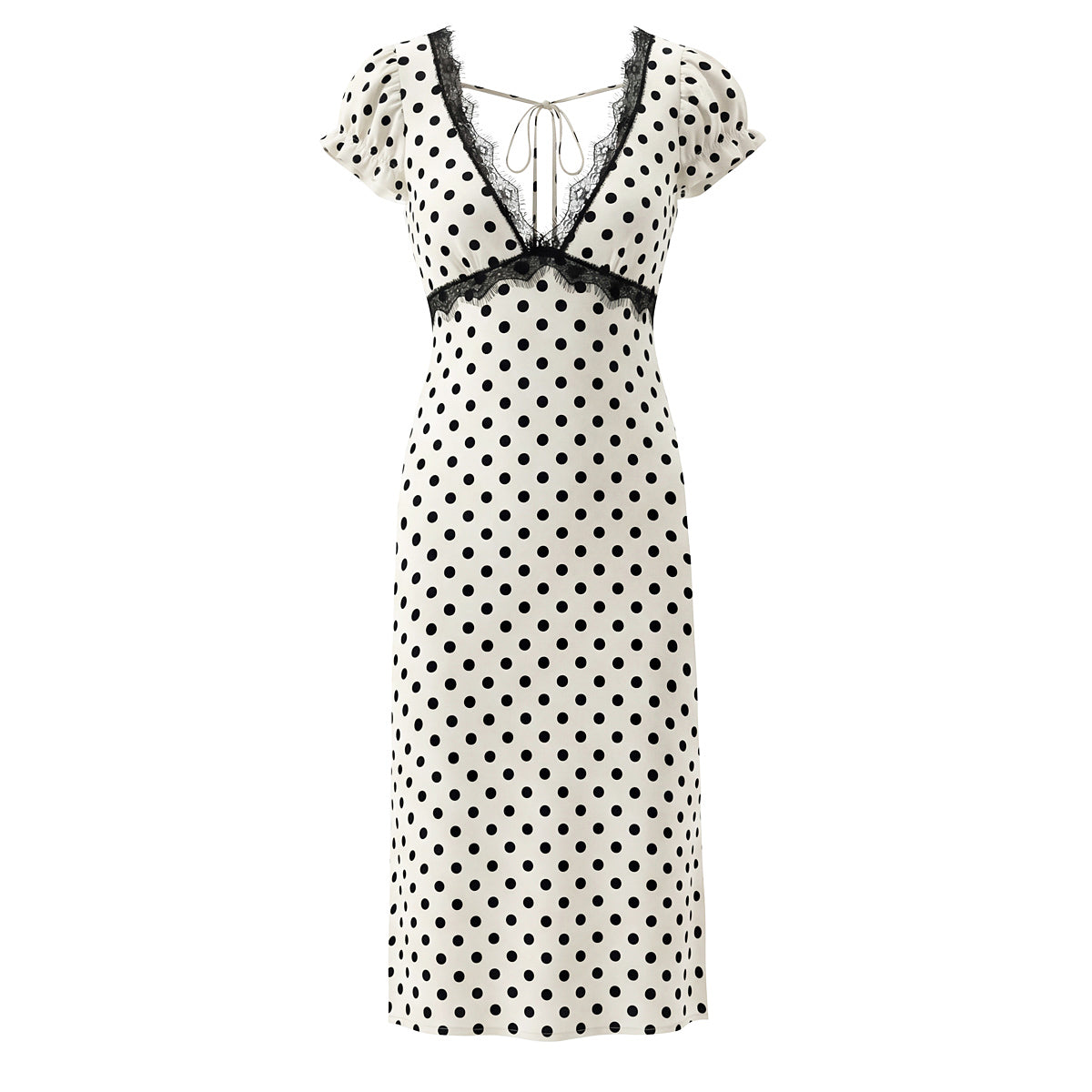 Sexy Lace Deep V Plunge neck Puff Sleeve Polka Dot Dress Tight Waist Slim Fit Sexy Midi Dress for Women