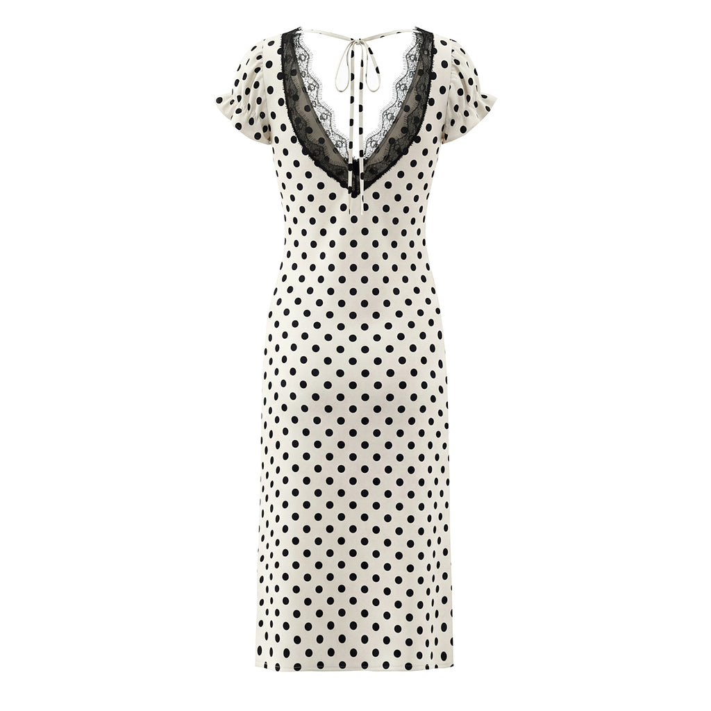 Sexy Lace Deep V Plunge neck Puff Sleeve Polka Dot Dress Tight Waist Slim Fit Sexy Midi Dress for Women