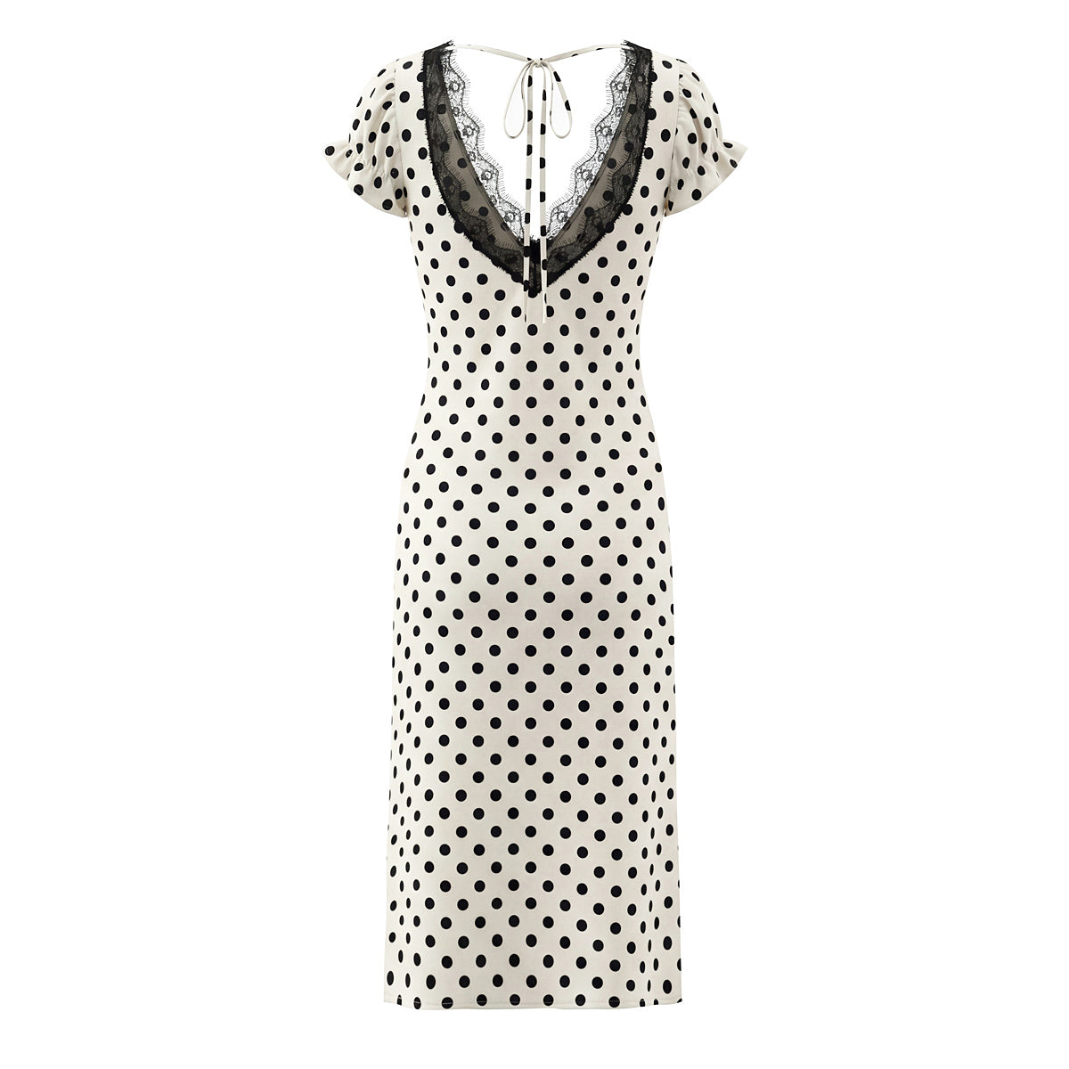 Sexy Lace Deep V Plunge neck Puff Sleeve Polka Dot Dress Tight Waist Slim Fit Sexy Midi Dress for Women