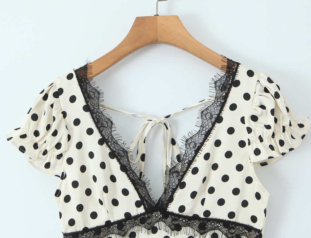 Sexy Lace Deep V Plunge neck Puff Sleeve Polka Dot Dress Tight Waist Slim Fit Sexy Midi Dress for Women