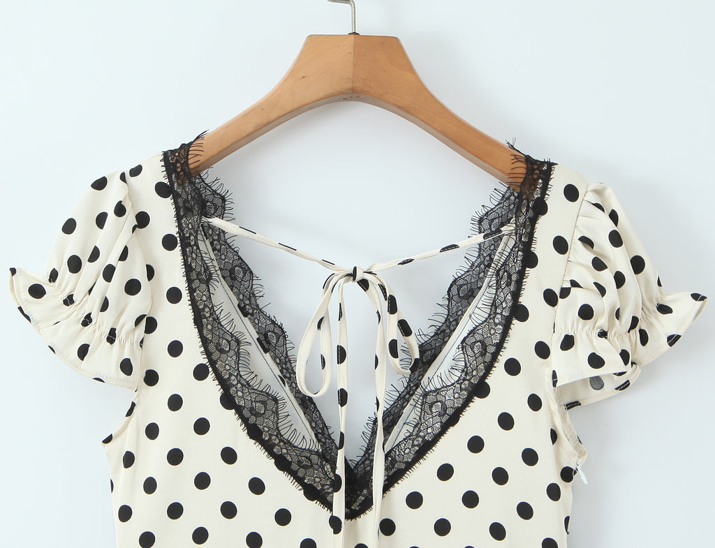 Sexy Lace Deep V Plunge neck Puff Sleeve Polka Dot Dress Tight Waist Slim Fit Sexy Midi Dress for Women