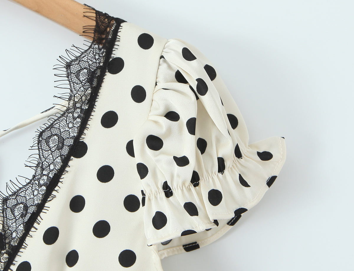 Sexy Lace Deep V Plunge neck Puff Sleeve Polka Dot Dress Tight Waist Slim Fit Sexy Midi Dress for Women