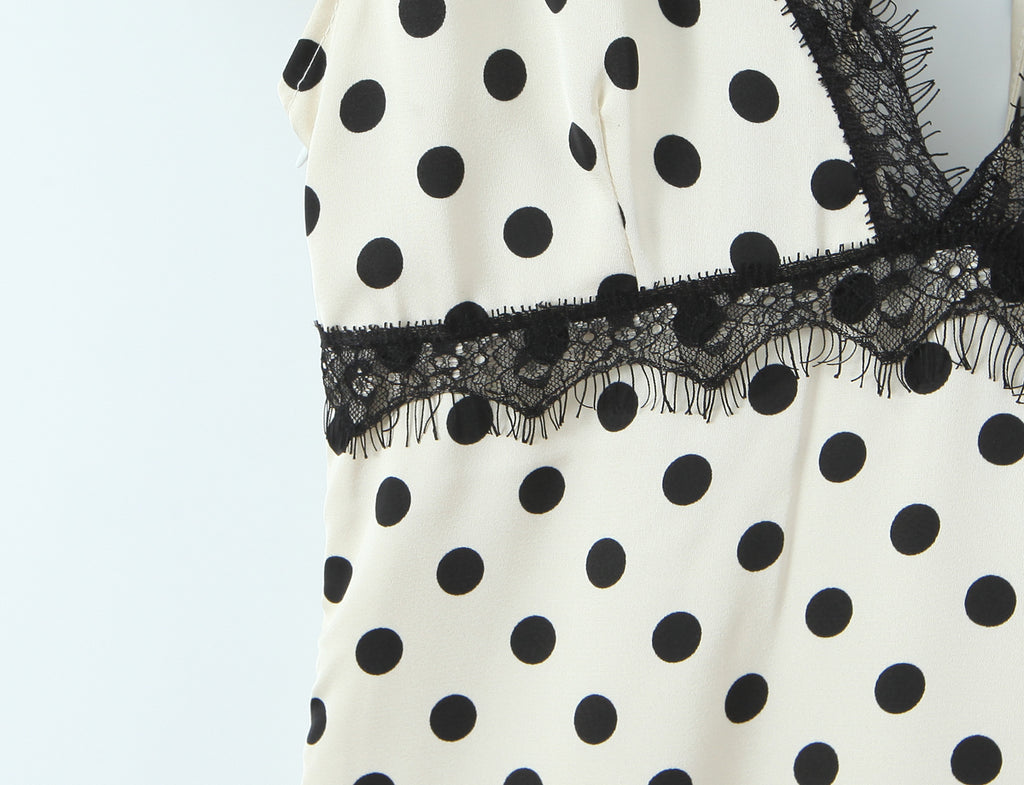 Sexy Lace Deep V Plunge neck Puff Sleeve Polka Dot Dress Tight Waist Slim Fit Sexy Midi Dress for Women