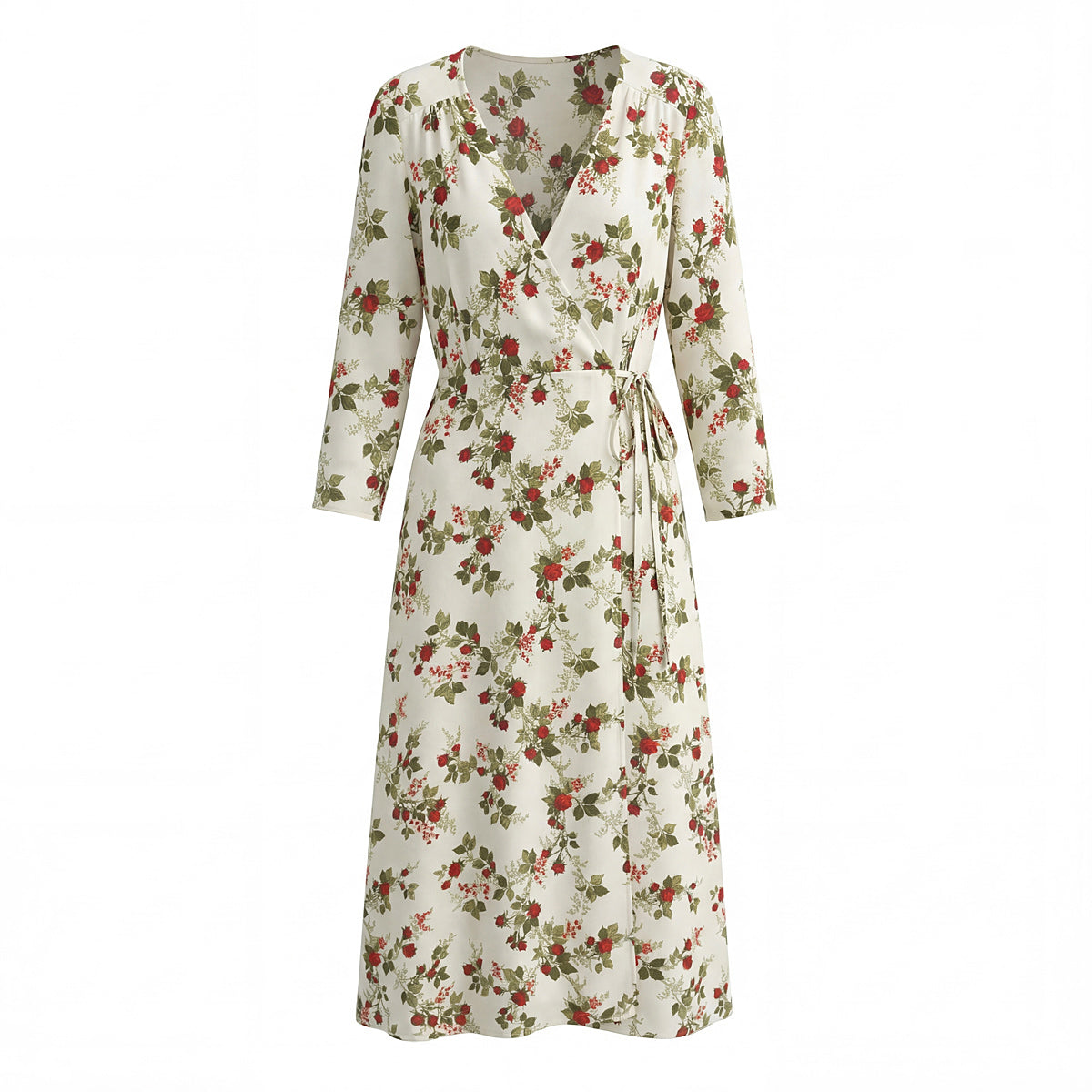 Vestido tipo manta con estampado floral idílico, cuello con lazo y cintura ajustada, mangas largas y bajo el vientre.