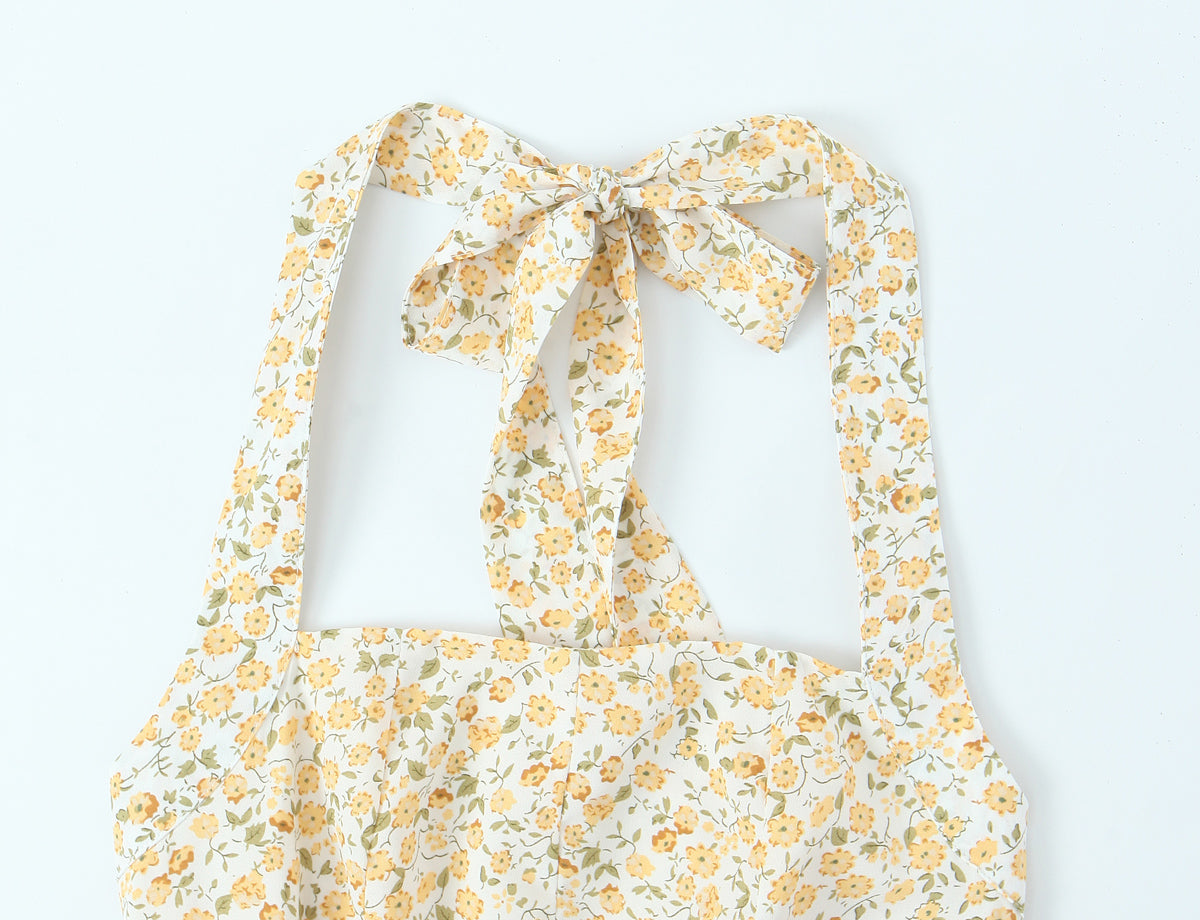 French Vintage Small Floral Printed Sexy Halter Dress Summer Waist Controlled Slim Fit Slimming Holiday Short Dress