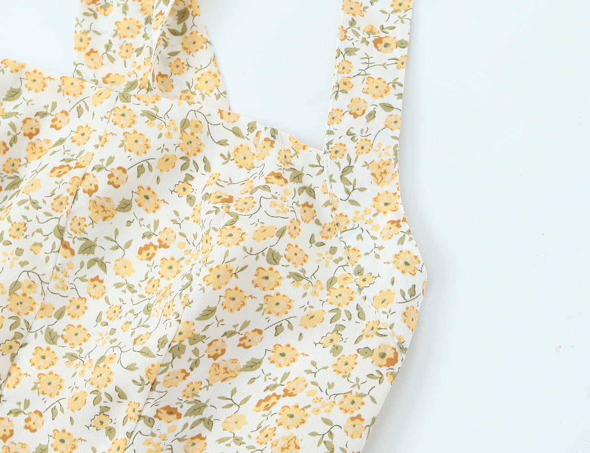 French Vintage Small Floral Printed Sexy Halter Dress Summer Waist Controlled Slim Fit Slimming Holiday Short Dress