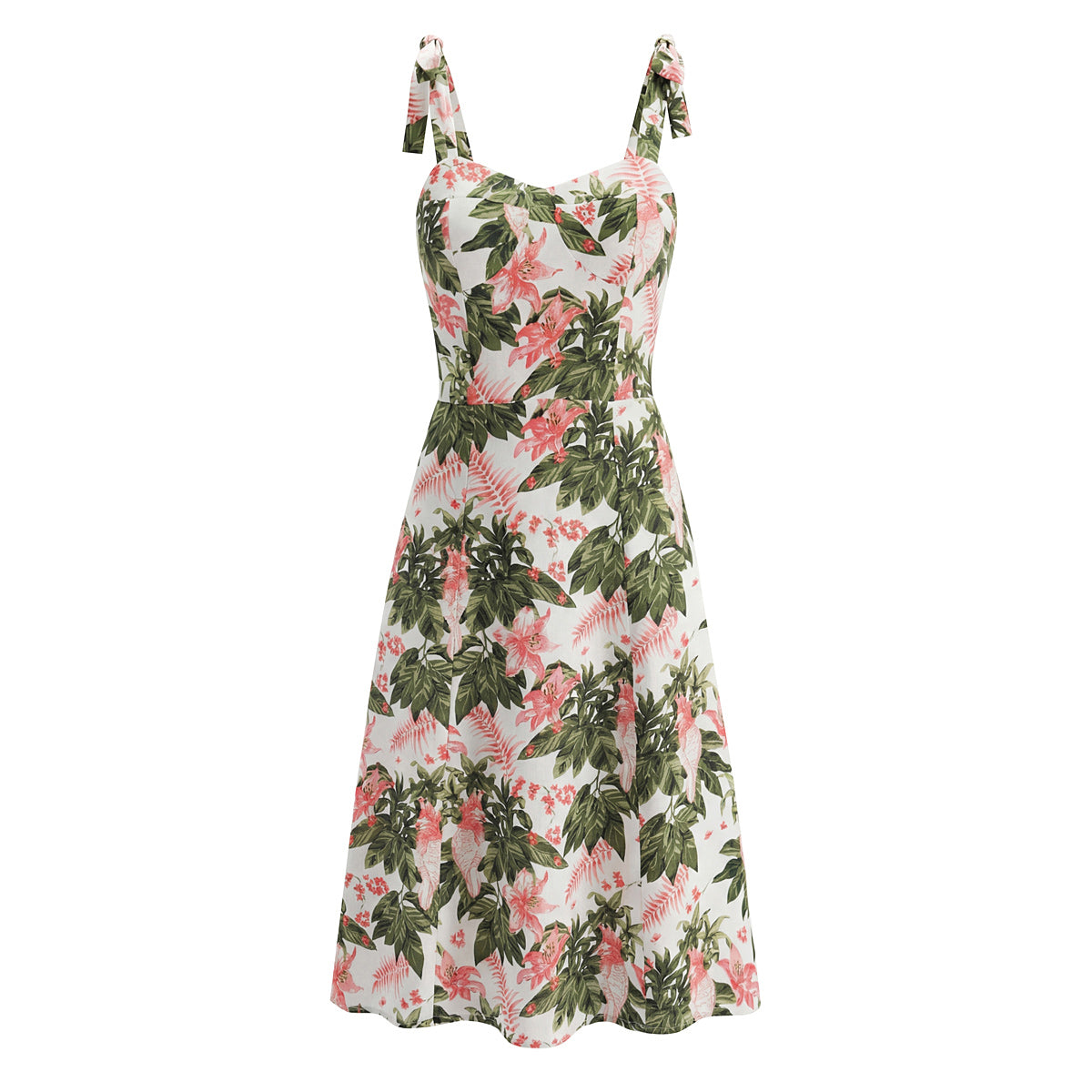 Robe mi-longue française à imprimé floral sexy, coupe ajustée, amincissante, à lacets et nœud, avec bretelles