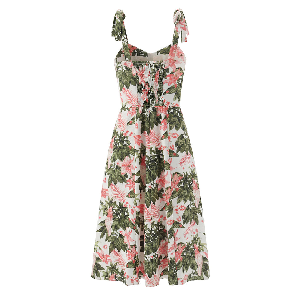 Robe mi-longue française à imprimé floral sexy, coupe ajustée, amincissante, à lacets et nœud, avec bretelles