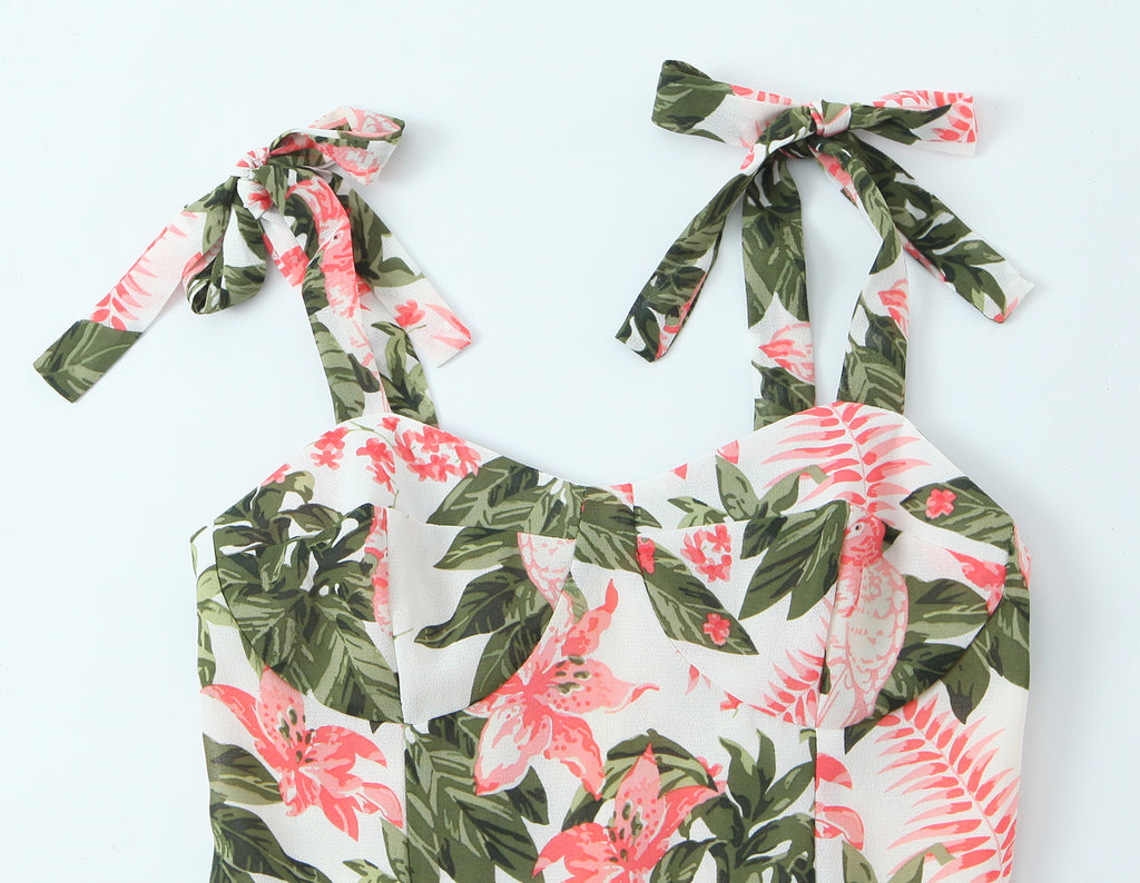 Robe mi-longue française à imprimé floral sexy, coupe ajustée, amincissante, à lacets et nœud, avec bretelles