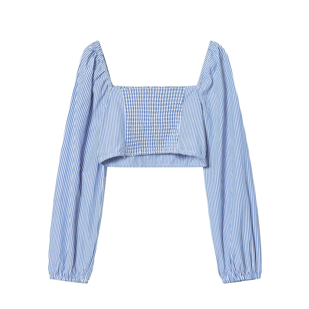 Women Clothing Spring Sexy Design Striped Backless Square Collar Short Shirt Top