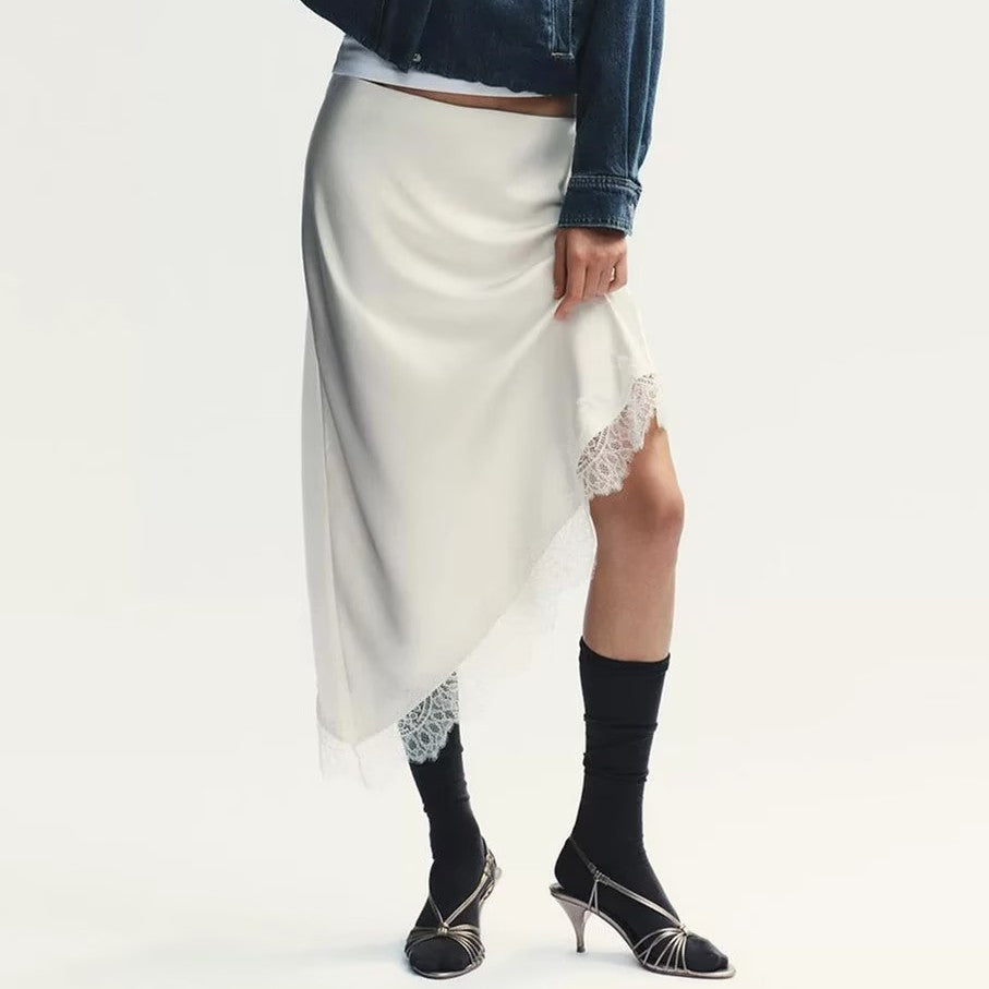 Jupe asymétrique sexy en satin acétate et dentelle, style printemps, pour femme.
