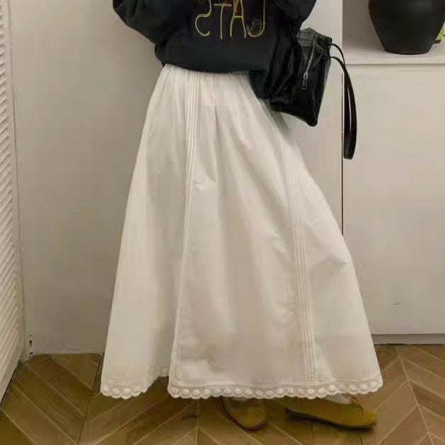 Falda paraguas de algodón arrugado con borde de encaje, estilo francés, estilo relajado y chic, para mujer, primavera