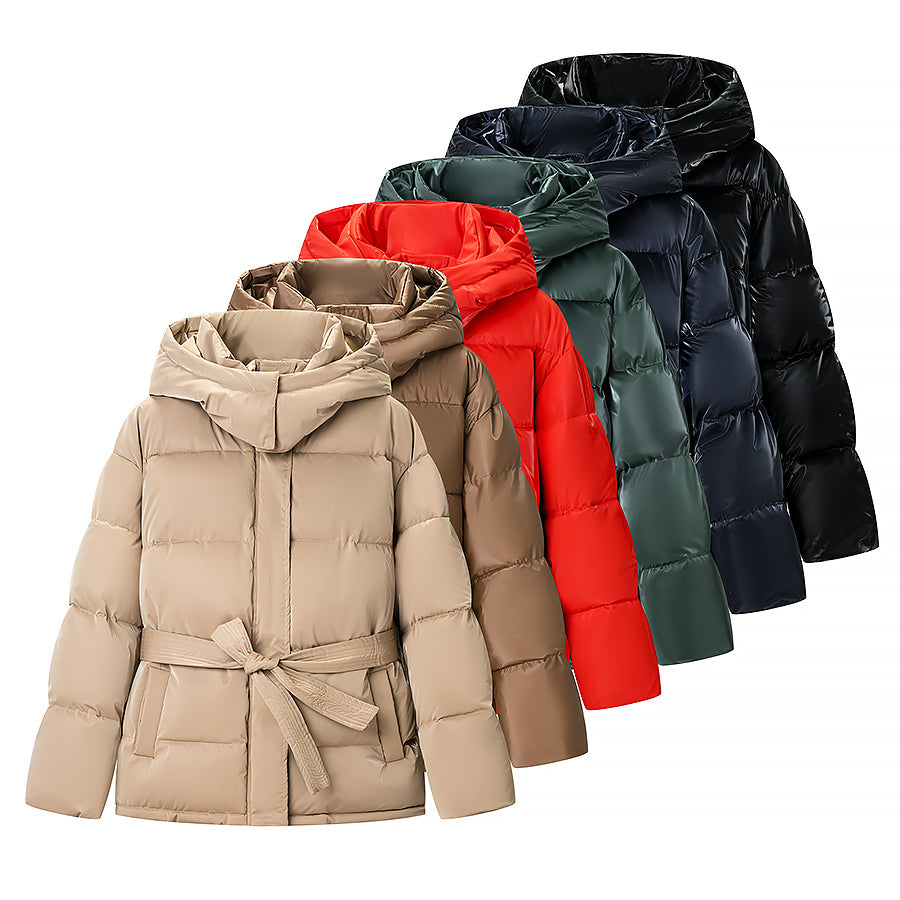 Veste matelassée en coton à capuche et fermeture éclair assortie, style printanier, avec ceinture et ceinture brillante. Manteau à manches longues et capuche.