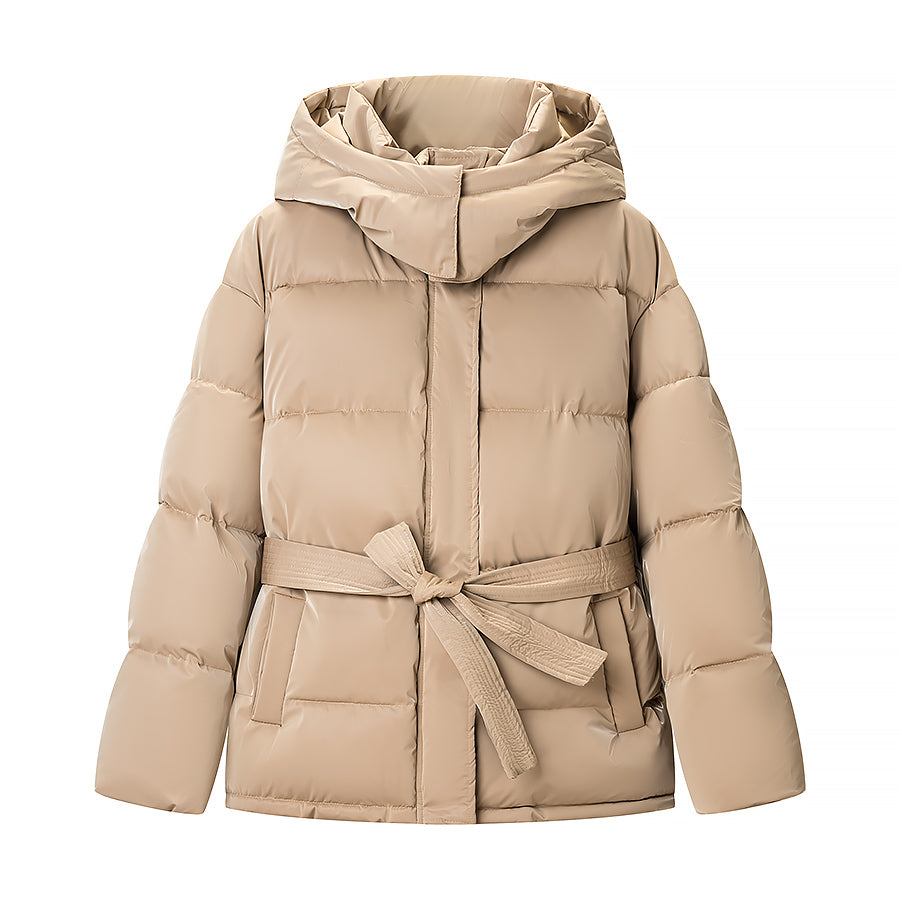 Veste matelassée en coton à capuche et fermeture éclair assortie, style printanier, avec ceinture et ceinture brillante. Manteau à manches longues et capuche.