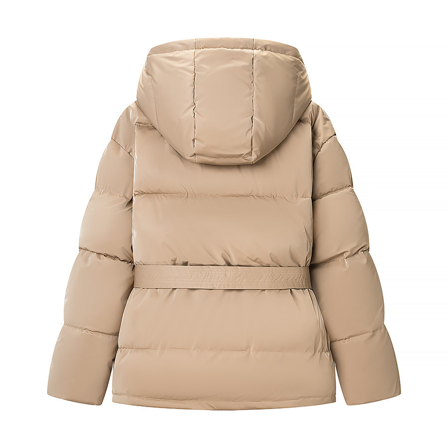 Veste matelassée en coton à capuche et fermeture éclair assortie, style printanier, avec ceinture et ceinture brillante. Manteau à manches longues et capuche.