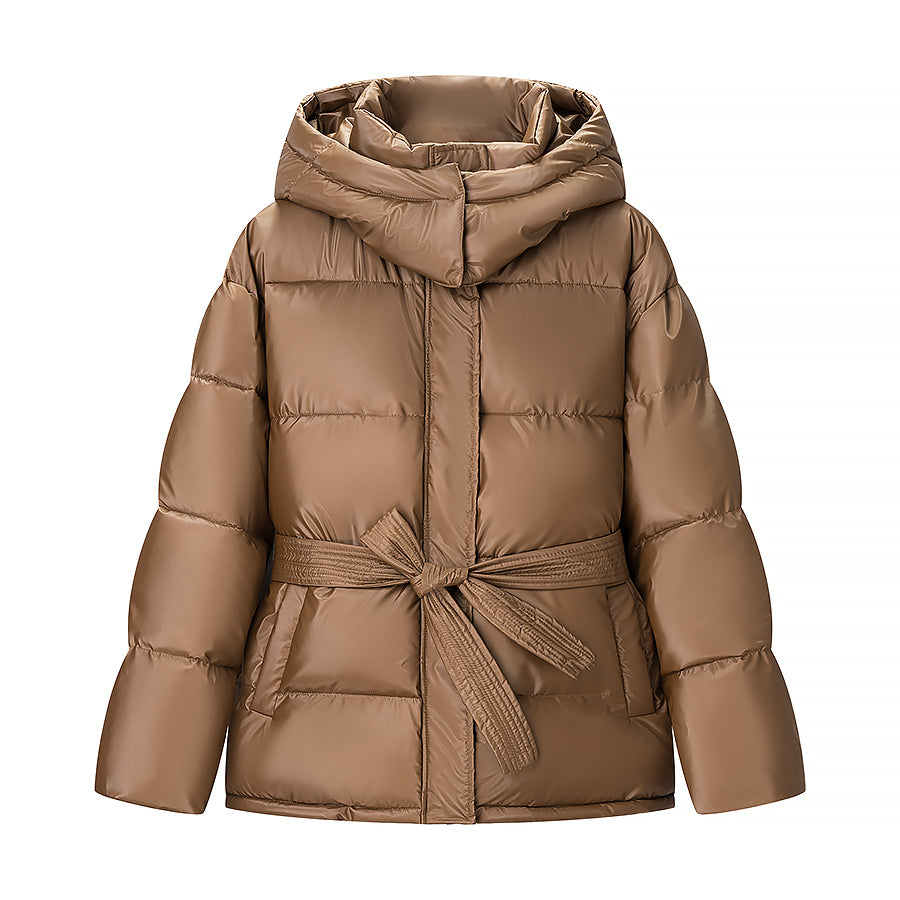 Veste matelassée en coton à capuche et fermeture éclair assortie, style printanier, avec ceinture et ceinture brillante. Manteau à manches longues et capuche.