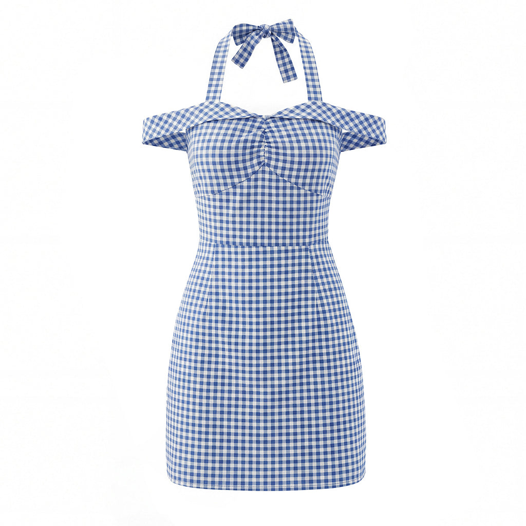 Robe courte cintrée à carreaux français pour femme, mignonne et mignonne, avec nœud papillon et bretelles dos nu, épaules dénudées et taille cintrée.