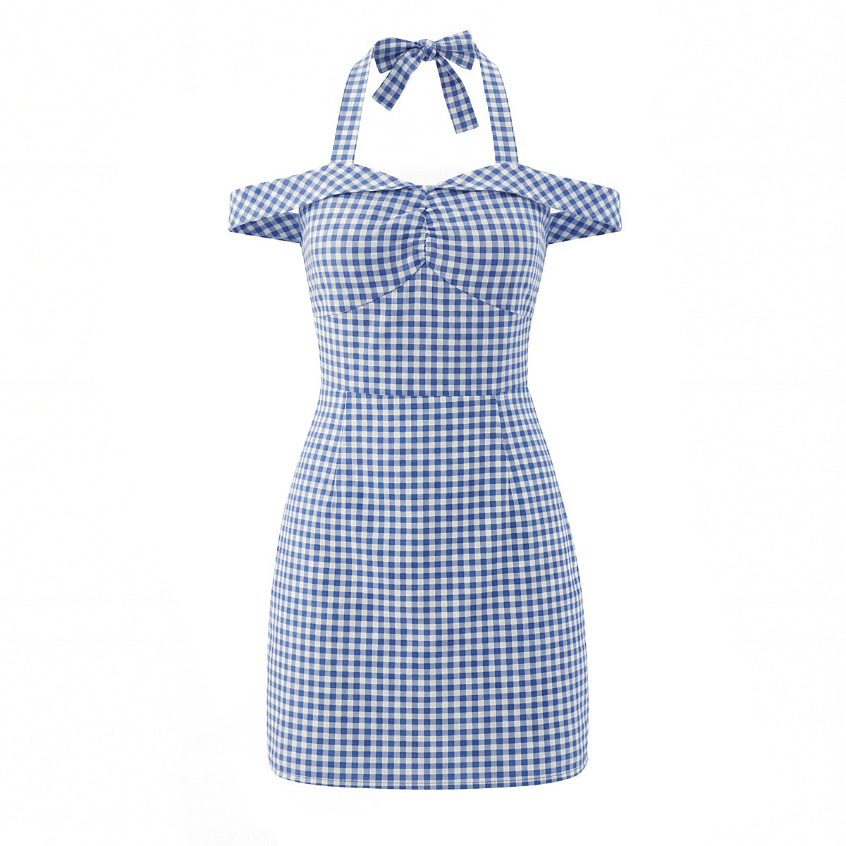 Robe courte cintrée à carreaux français pour femme, mignonne et mignonne, avec nœud papillon et bretelles dos nu, épaules dénudées et taille cintrée.