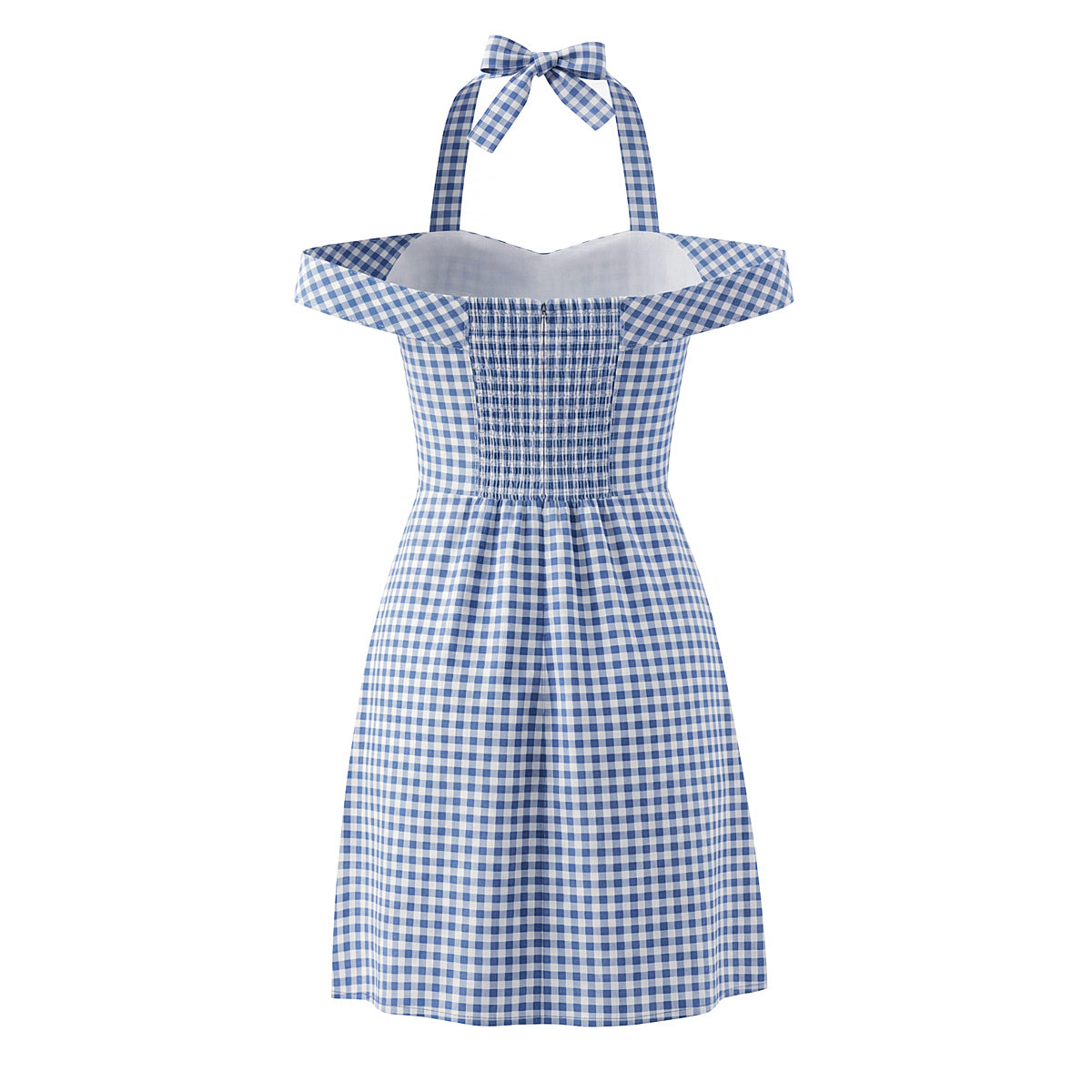 Robe courte cintrée à carreaux français pour femme, mignonne et mignonne, avec nœud papillon et bretelles dos nu, épaules dénudées et taille cintrée.