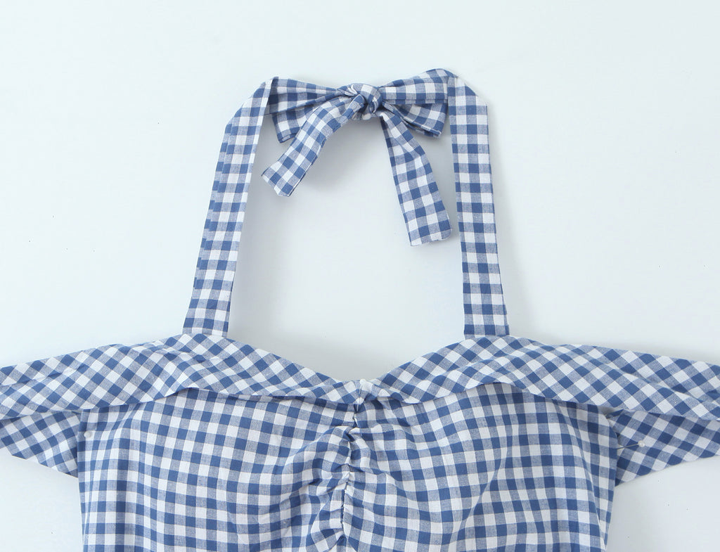 Robe courte cintrée à carreaux français pour femme, mignonne et mignonne, avec nœud papillon et bretelles dos nu, épaules dénudées et taille cintrée.