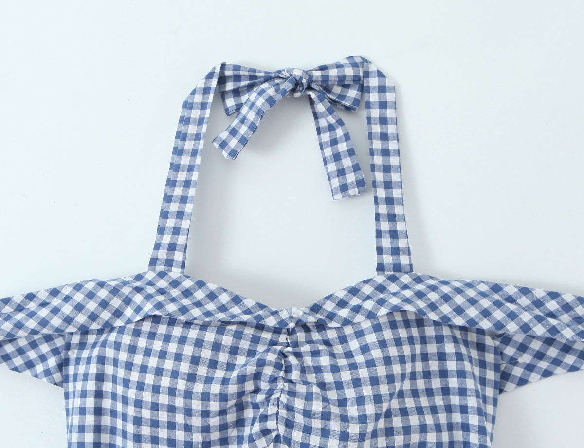 Robe courte cintrée à carreaux français pour femme, mignonne et mignonne, avec nœud papillon et bretelles dos nu, épaules dénudées et taille cintrée.